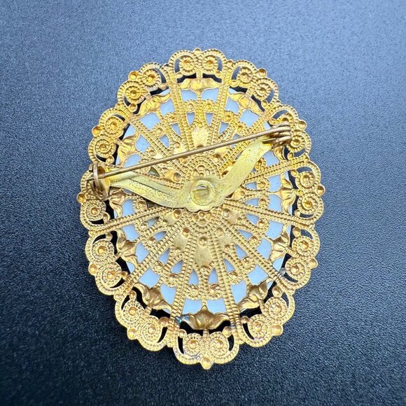 Vintage Schnauzer Dog Portrait Brooch Gold Filigree Oval Pin Western Germany - Picture 2 of 4